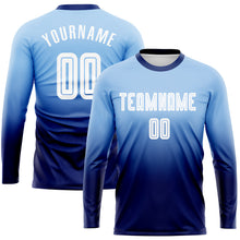 Load image into Gallery viewer, Custom Light Blue White-Navy Sublimation Long Sleeve Fade Fashion Soccer Uniform Jersey