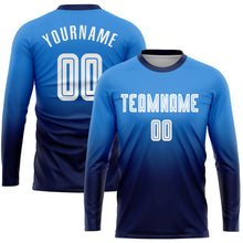 Load image into Gallery viewer, Custom Powder Blue White-Navy Sublimation Long Sleeve Fade Fashion Soccer Uniform Jersey