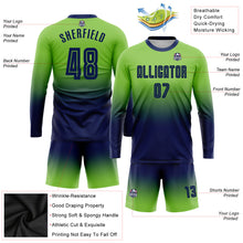 Load image into Gallery viewer, Custom Neon Green Navy Sublimation Long Sleeve Fade Fashion Soccer Uniform Jersey
