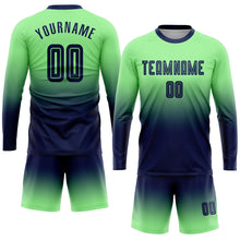 Load image into Gallery viewer, Custom Pea Green Navy Sublimation Long Sleeve Fade Fashion Soccer Uniform Jersey