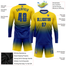 Load image into Gallery viewer, Custom Gold Royal Sublimation Long Sleeve Fade Fashion Soccer Uniform Jersey