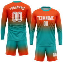 Load image into Gallery viewer, Custom Orange White-Aqua Sublimation Long Sleeve Fade Fashion Soccer Uniform Jersey