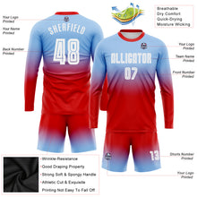 Load image into Gallery viewer, Custom Light Blue White-Red Sublimation Long Sleeve Fade Fashion Soccer Uniform Jersey