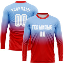 Load image into Gallery viewer, Custom Light Blue White-Red Sublimation Long Sleeve Fade Fashion Soccer Uniform Jersey