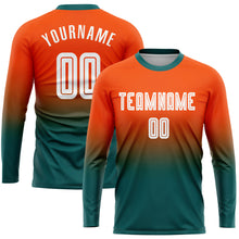 Load image into Gallery viewer, Custom Orange White-Teal Sublimation Long Sleeve Fade Fashion Soccer Uniform Jersey