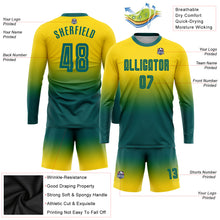 Load image into Gallery viewer, Custom Gold Teal Sublimation Long Sleeve Fade Fashion Soccer Uniform Jersey