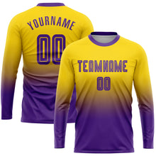 Load image into Gallery viewer, Custom Gold Purple Sublimation Long Sleeve Fade Fashion Soccer Uniform Jersey