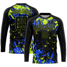 Load image into Gallery viewer, Custom Black Black Neon Green-Royal Sublimation Soccer Uniform Jersey