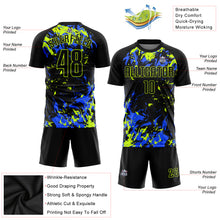 Load image into Gallery viewer, Custom Black Black Neon Green-Royal Sublimation Soccer Uniform Jersey