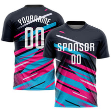 Load image into Gallery viewer, Custom Navy White Pink-Light Blue Sublimation Soccer Uniform Jersey