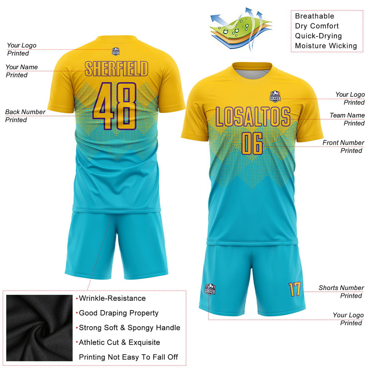 Custom Aqua Blue Gold-Purple Sublimation Soccer Uniform Jersey