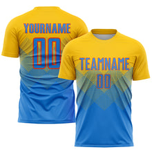 Load image into Gallery viewer, Custom Gold Powder Blue-Orange Sublimation Soccer Uniform Jersey