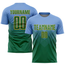 Load image into Gallery viewer, Custom Light Blue Kelly Green-Gold Sublimation Soccer Uniform Jersey