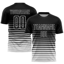 Load image into Gallery viewer, Custom Black White Pinstripe Fade Fashion Sublimation Soccer Uniform Jersey