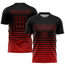 Load image into Gallery viewer, Custom Black Red Pinstripe Fade Fashion Sublimation Soccer Uniform Jersey