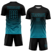 Load image into Gallery viewer, Custom Black Teal Pinstripe Fade Fashion Sublimation Soccer Uniform Jersey