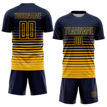 Load image into Gallery viewer, Custom Navy Gold Pinstripe Fade Fashion Sublimation Soccer Uniform Jersey