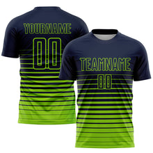 Load image into Gallery viewer, Custom Navy Neon Green Pinstripe Fade Fashion Sublimation Soccer Uniform Jersey
