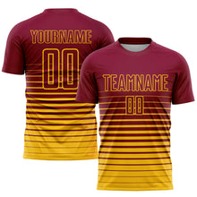 Load image into Gallery viewer, Custom Maroon Yellow Pinstripe Fade Fashion Sublimation Soccer Uniform Jersey