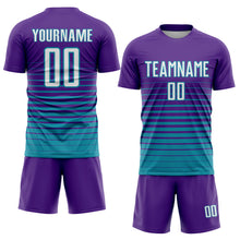 Load image into Gallery viewer, Custom Purple White-Teal Pinstripe Fade Fashion Sublimation Soccer Uniform Jersey
