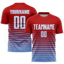 Load image into Gallery viewer, Custom Red White-Light Blue Pinstripe Fade Fashion Sublimation Soccer Uniform Jersey