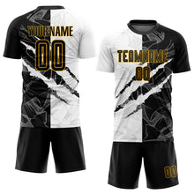 Load image into Gallery viewer, Custom Graffiti Pattern Black-Gold Scratch Sublimation Soccer Uniform Jersey
