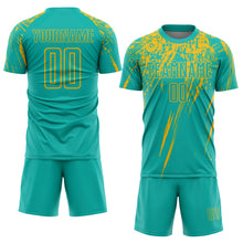 Load image into Gallery viewer, Custom Aqua Gold Sublimation Soccer Uniform Jersey