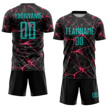 Load image into Gallery viewer, Custom Black Aqua-Neon Pink Sublimation Soccer Uniform Jersey