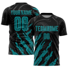 Load image into Gallery viewer, Custom Black Teal Sublimation Soccer Uniform Jersey
