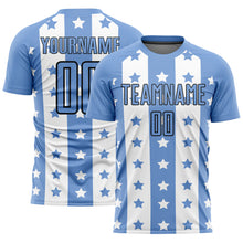 Load image into Gallery viewer, Custom Light Blue Black-White Stars And Stripes Sublimation Soccer Uniform Jersey