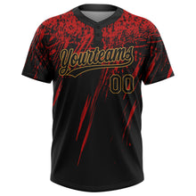Load image into Gallery viewer, Custom Black Black Red-Old Gold 3D Pattern Two-Button Unisex Softball Jersey