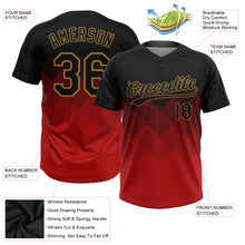 Load image into Gallery viewer, Custom Red Black-Old Gold 3D Pattern Gradient Square Shapes Two-Button Unisex Softball Jersey