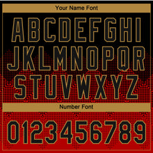 Load image into Gallery viewer, Custom Red Black-Old Gold 3D Pattern Gradient Square Shapes Two-Button Unisex Softball Jersey