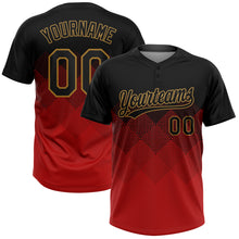 Load image into Gallery viewer, Custom Red Black-Old Gold 3D Pattern Gradient Square Shapes Two-Button Unisex Softball Jersey