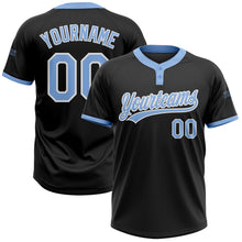 Load image into Gallery viewer, Custom Black Light Blue-White Two-Button Unisex Softball Jersey