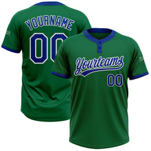 Load image into Gallery viewer, Custom Kelly Green Royal-White Two-Button Unisex Softball Jersey