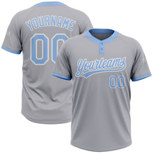 Load image into Gallery viewer, Custom Gray Light Blue-White Two-Button Unisex Softball Jersey