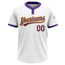 Load image into Gallery viewer, Custom White Purple-Gold Two-Button Unisex Softball Jersey