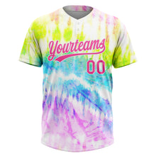 Load image into Gallery viewer, Custom Tie Dye Pink-Purple 3D Rainbow Two-Button Unisex Softball Jersey