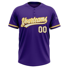 Load image into Gallery viewer, Custom Purple White-Gold Two-Button Unisex Softball Jersey