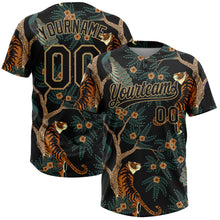 Load image into Gallery viewer, Custom Black Old Gold 3D Pattern Tiger And Peacock Two-Button Unisex Softball Jersey