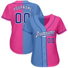 Load image into Gallery viewer, Custom Pink Royal-Light Blue Authentic Split Fashion Baseball Jersey