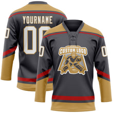Load image into Gallery viewer, Custom Steel Gray White Old Gold-Red Hockey Lace Neck Jersey