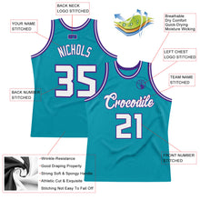 Load image into Gallery viewer, Custom Teal White-Purple Authentic Throwback Basketball Jersey