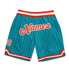 Load image into Gallery viewer, Custom Teal White Pinstripe Orange-White Authentic Basketball Shorts
