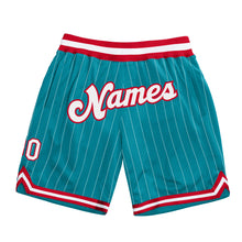 Load image into Gallery viewer, Custom Teal White Pinstripe White-Red Authentic Basketball Shorts