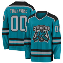 Load image into Gallery viewer, Custom Teal Gray-Black Hockey Jersey