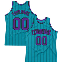 Load image into Gallery viewer, Custom Teal Black Pinstripe Purple Authentic Basketball Jersey