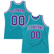 Load image into Gallery viewer, Custom Teal White Pinstripe Purple Authentic Basketball Jersey