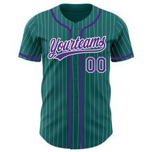 Load image into Gallery viewer, Custom Teal White Pinstripe Purple Authentic Baseball Jersey